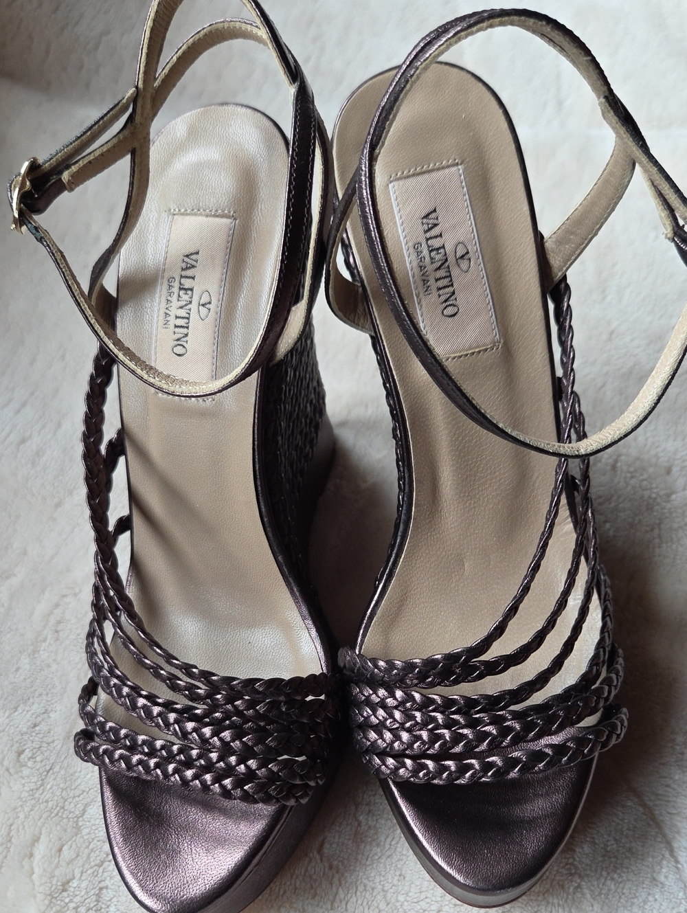 Valentino Garavani Metallic Bronze Braided Wedge Sandals